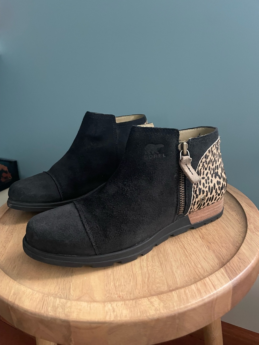 Sorel Black Suede Ankle Boot with Leopard Heel Panel
